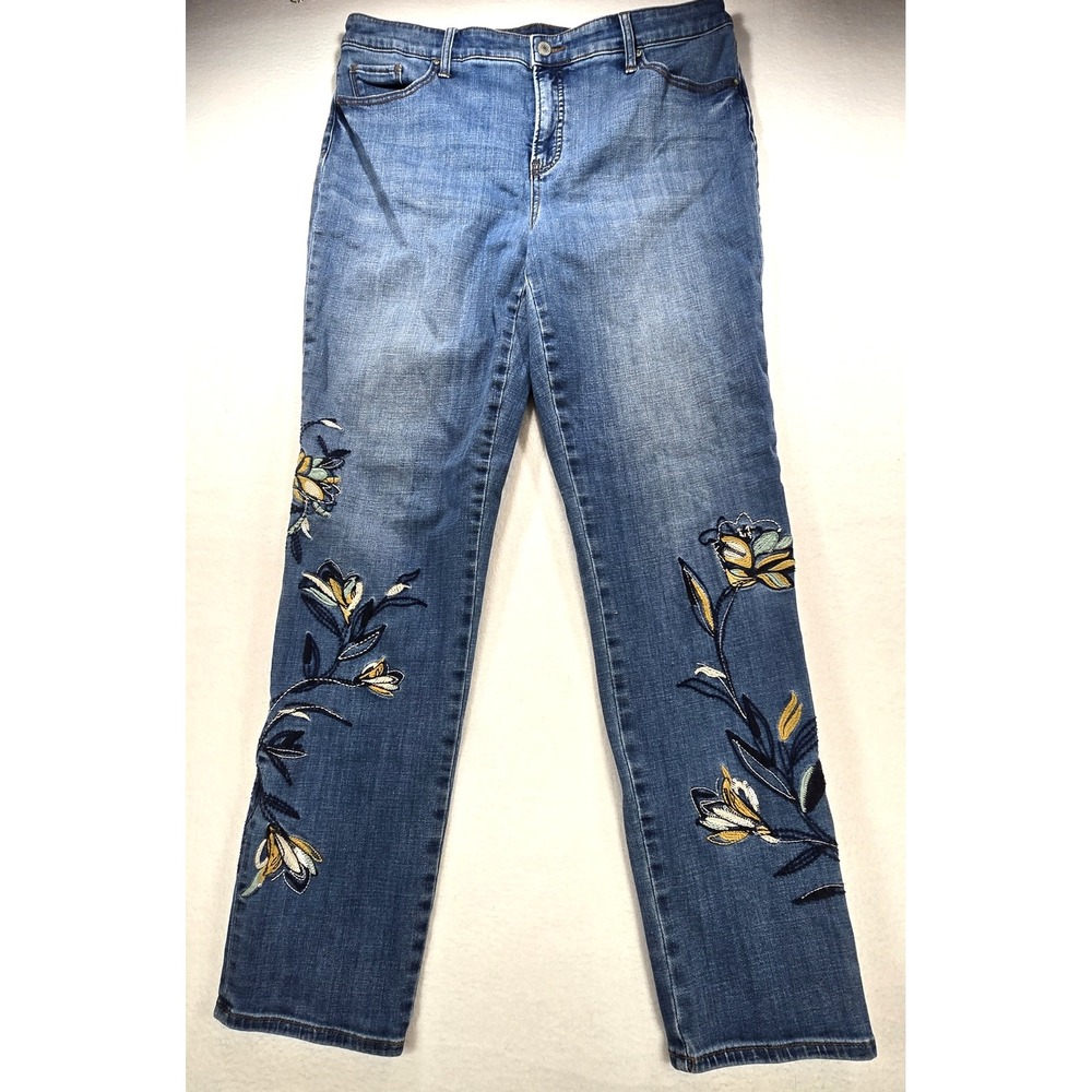 Chicos So Slimming Girlfriend Slim Leg Ankle Jeans Blue Floral Embroidered 16